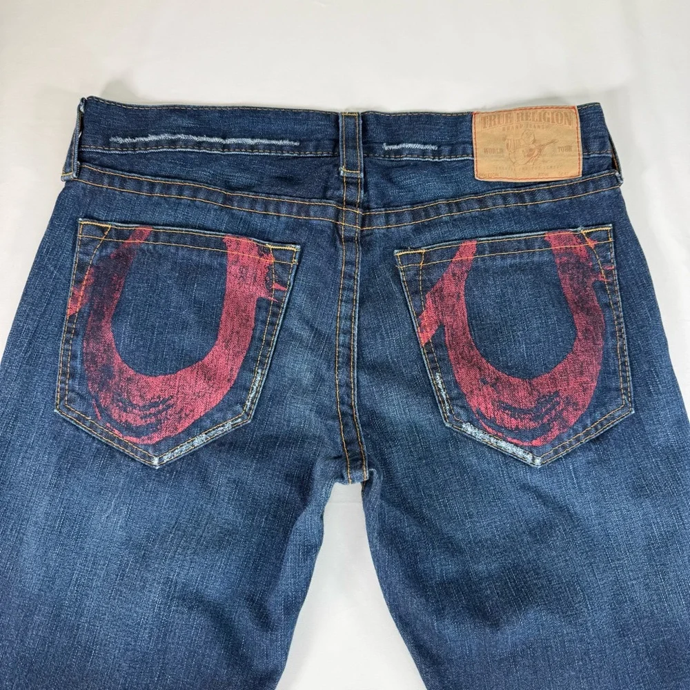 AUTHENTIC True Religion Red Painted Pockets Distressed Denim Jeans Size 36